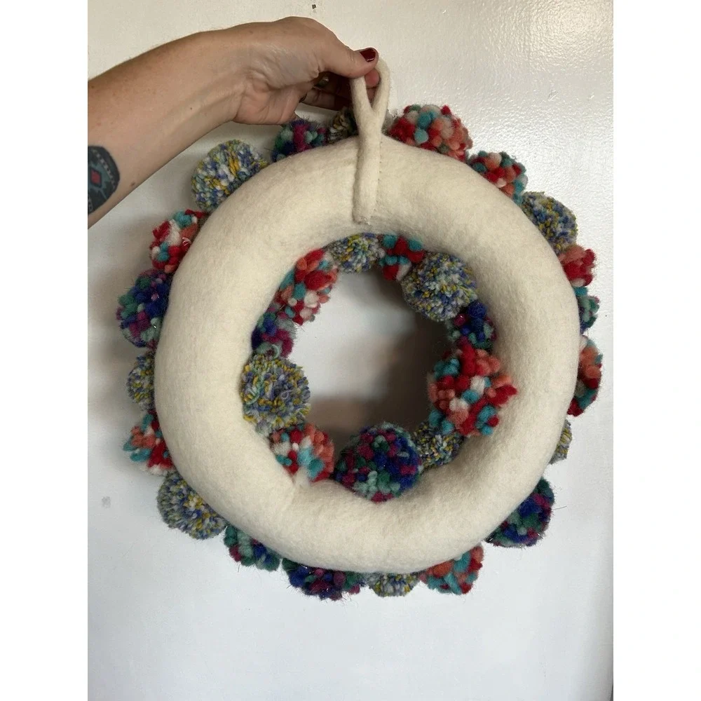Anthropologie Merry Making Pom Xmas Wreath - Made In Nepal Colorful Whimsical